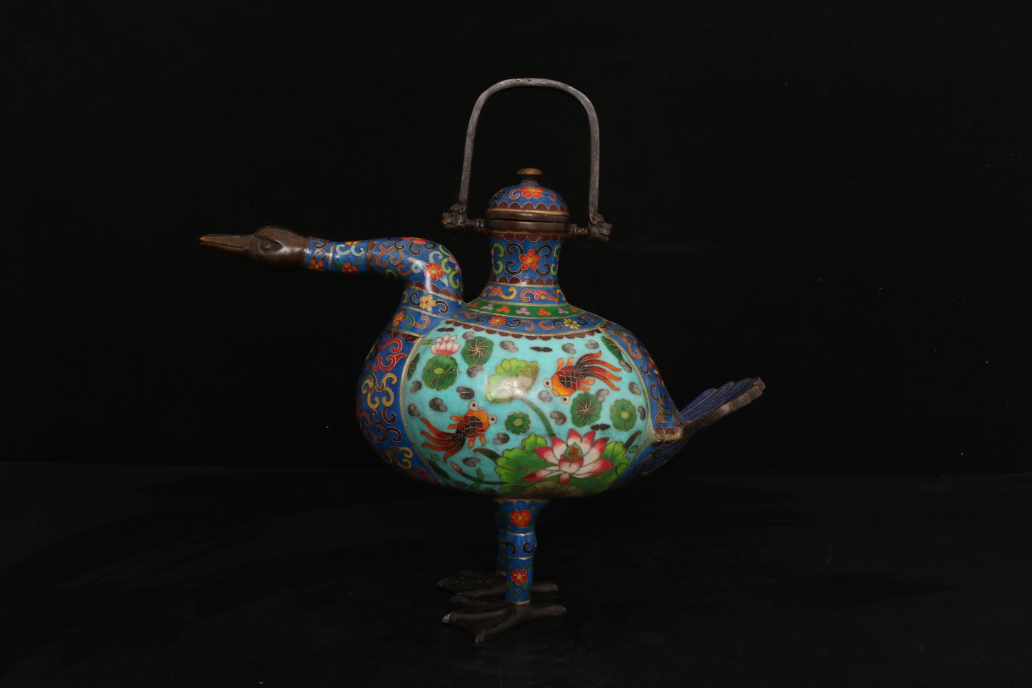 A0105 Vintage Chinese Bronze Cloisonne Lotus Flower & Fish Design Duck Shape Teapot