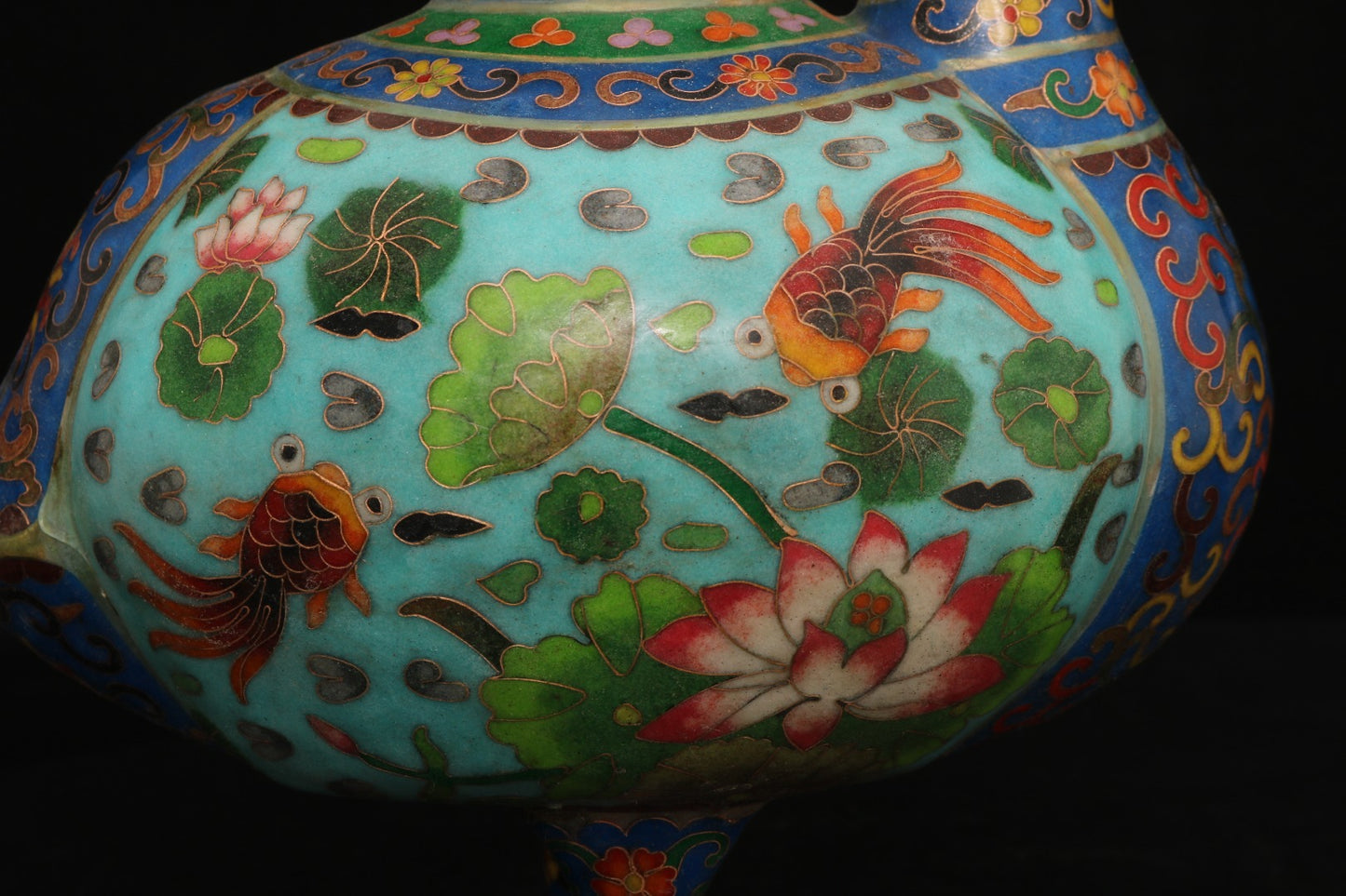 A0105 Vintage Chinese Bronze Cloisonne Lotus Flower & Fish Design Duck Shape Teapot