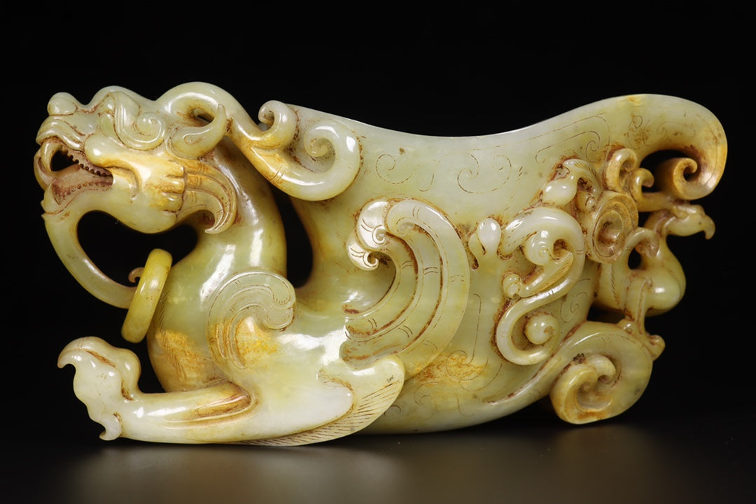 A0106 Vintage Chinese Hetian Jade Carved Dragon Phoenix Wine Cup