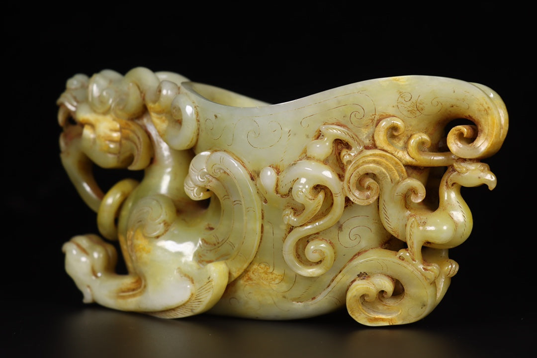 A0106 Vintage Chinese Hetian Jade Carved Dragon Phoenix Wine Cup