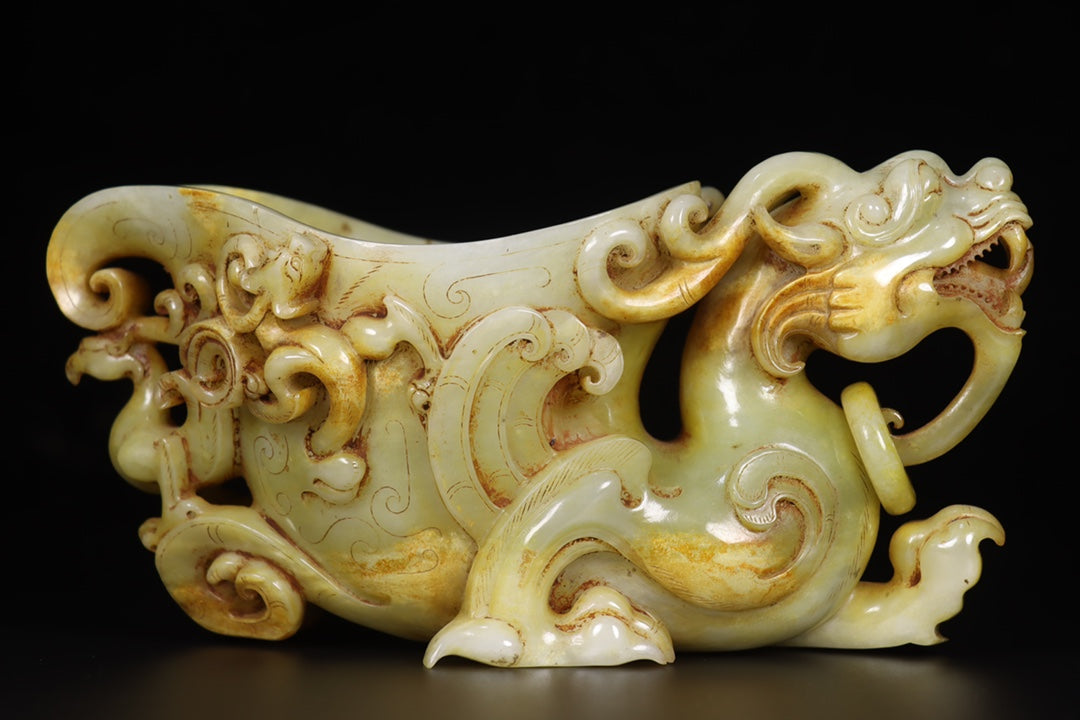 A0106 Vintage Chinese Hetian Jade Carved Dragon Phoenix Wine Cup