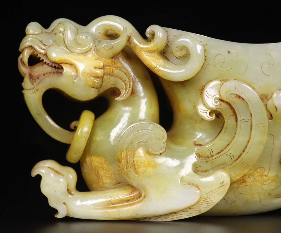 A0106 Vintage Chinese Hetian Jade Carved Dragon Phoenix Wine Cup