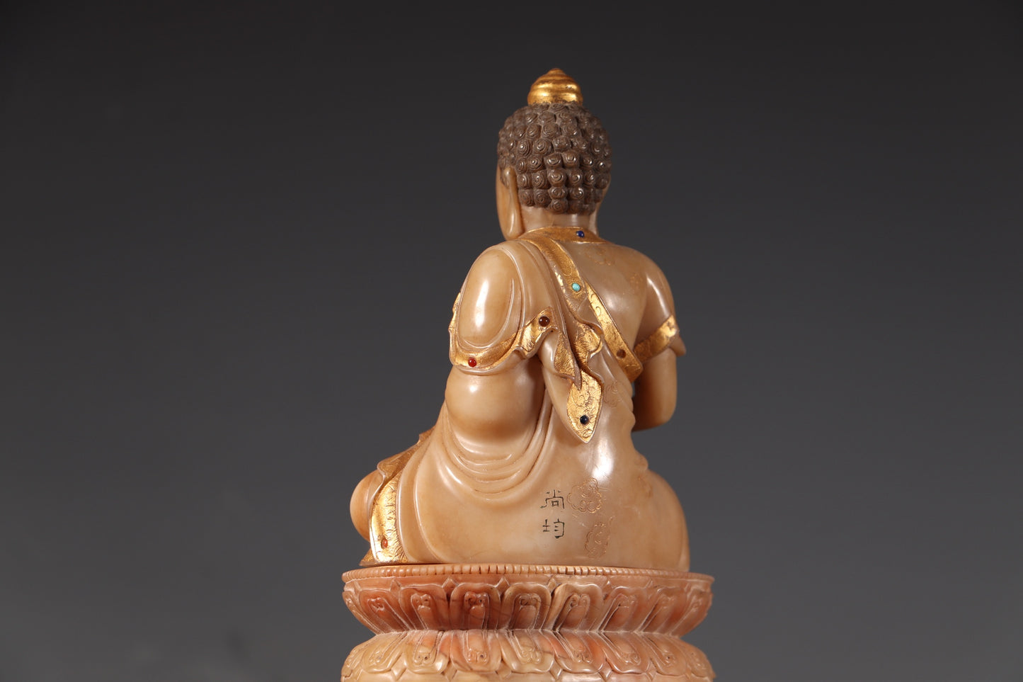 A0107 Vintage Chinese Gilt Gold Shoushan Stone Inlay Gem Buddha Statue