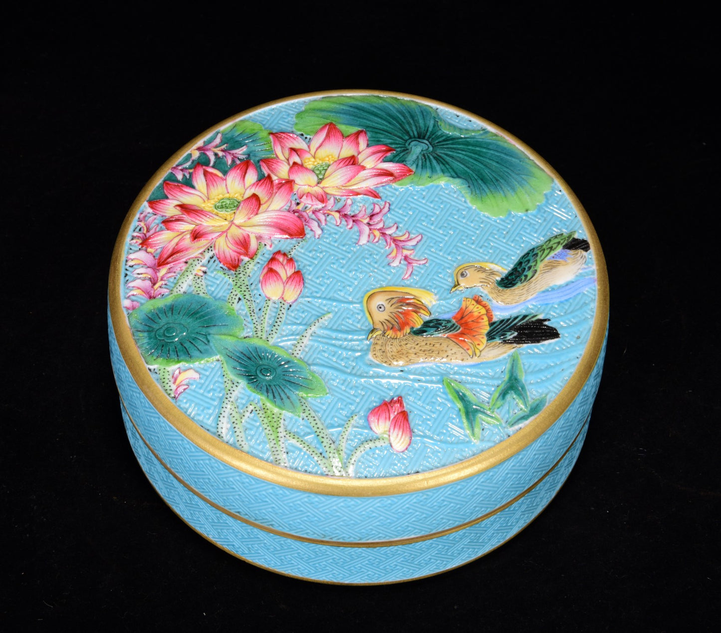 A0108 Chinese Gilt Gold Blue Glaze Famille Rose Lotus Flower & Mandarin Duck Design Porcelain Box