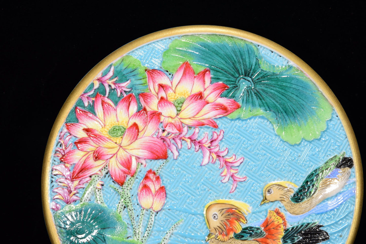 A0108 Chinese Gilt Gold Blue Glaze Famille Rose Lotus Flower & Mandarin Duck Design Porcelain Box