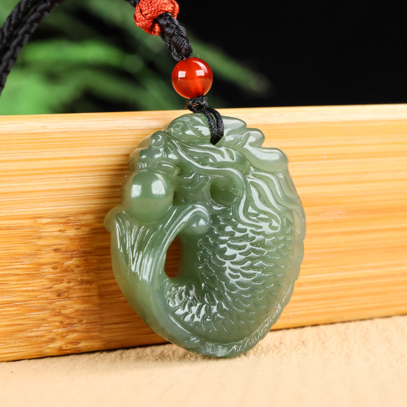 A0109 Chinese Natural Green Hetian Jade Carved Dragon Head Fish Pendant