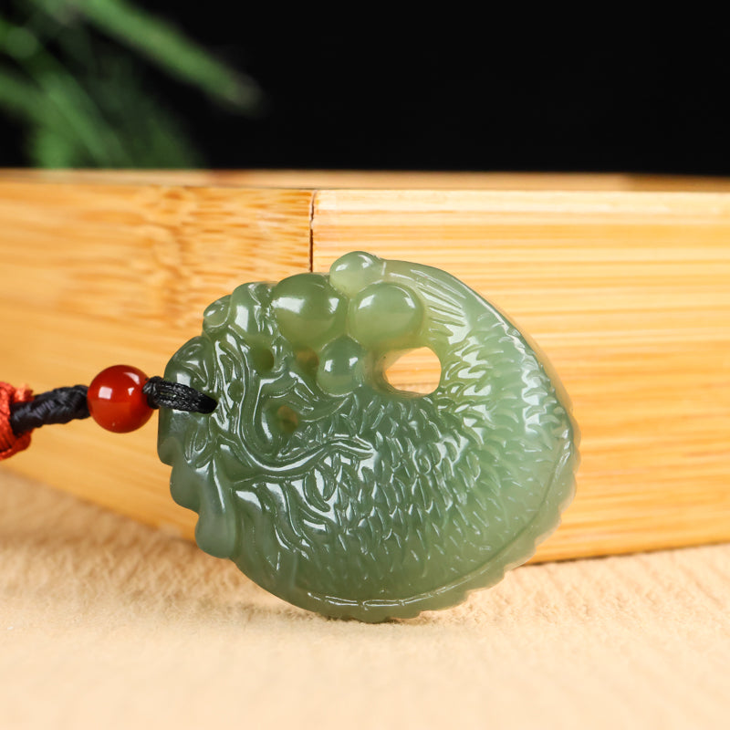 A0109 Chinese Natural Green Hetian Jade Carved Dragon Head Fish Pendant