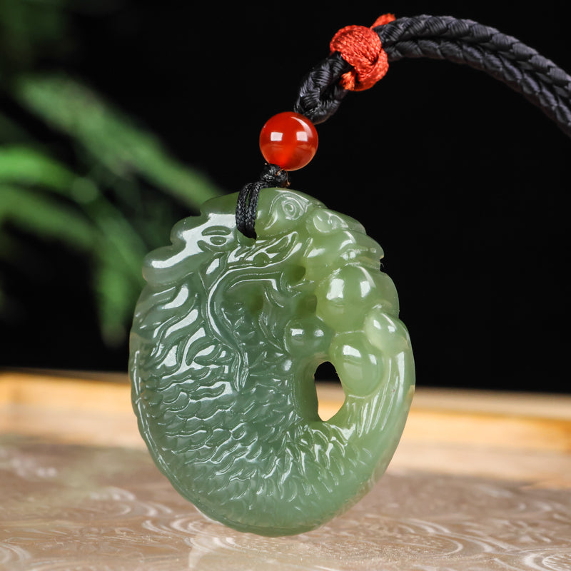 A0109 Chinese Natural Green Hetian Jade Carved Dragon Head Fish Pendant