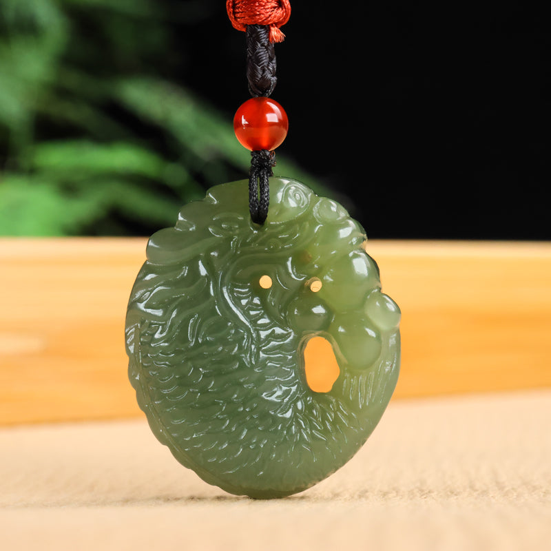 A0109 Chinese Natural Green Hetian Jade Carved Dragon Head Fish Pendant