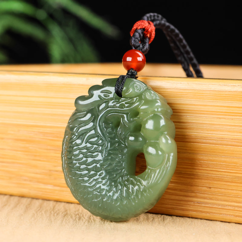 A0109 Chinese Natural Green Hetian Jade Carved Dragon Head Fish Pendant