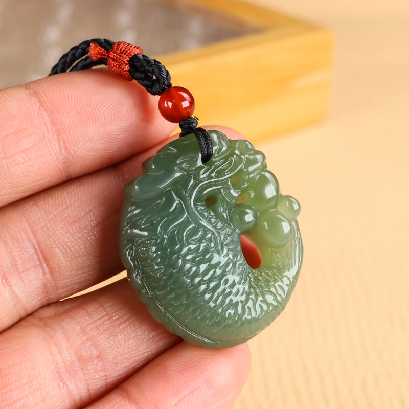 A0109 Chinese Natural Green Hetian Jade Carved Dragon Head Fish Pendant