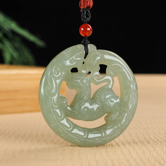 A0110 Openwork Chinese Green Hetian Jade Carved Tiger & Dragon Phoenix Pendant