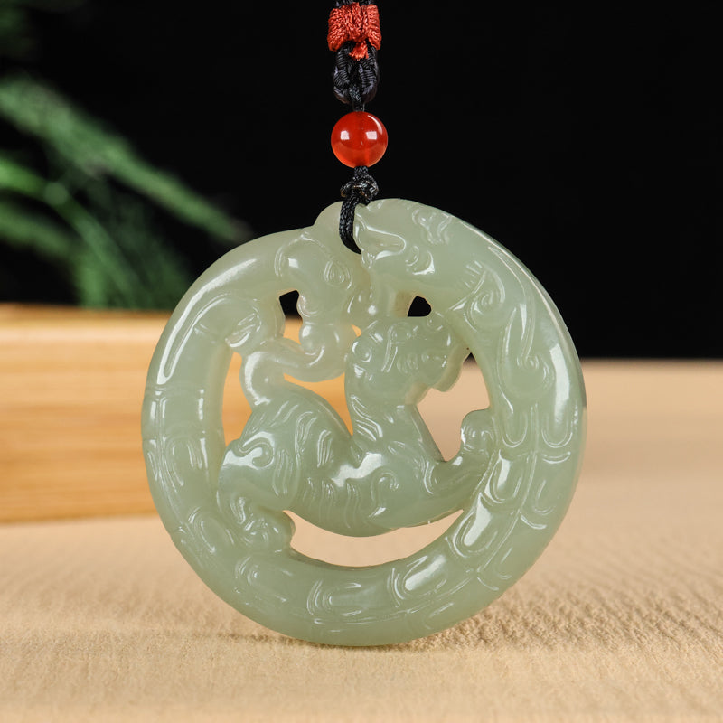 A0110 Openwork Chinese Green Hetian Jade Carved Tiger & Dragon Phoenix Pendant