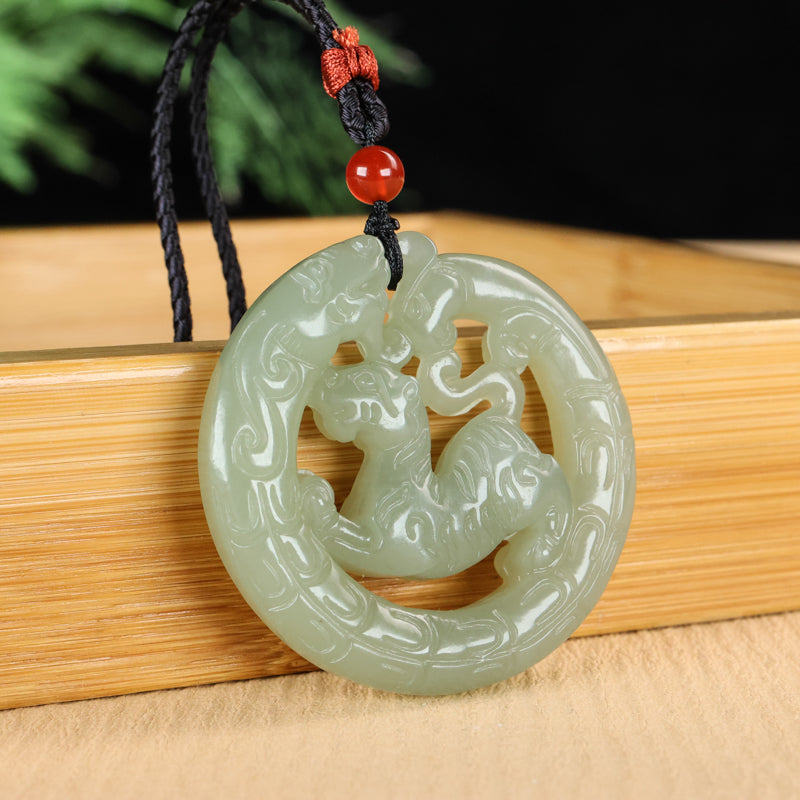 A0110 Openwork Chinese Green Hetian Jade Carved Tiger & Dragon Phoenix Pendant