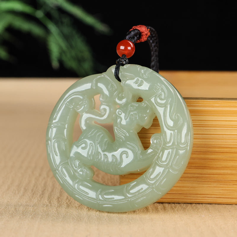 A0110 Openwork Chinese Green Hetian Jade Carved Tiger & Dragon Phoenix Pendant