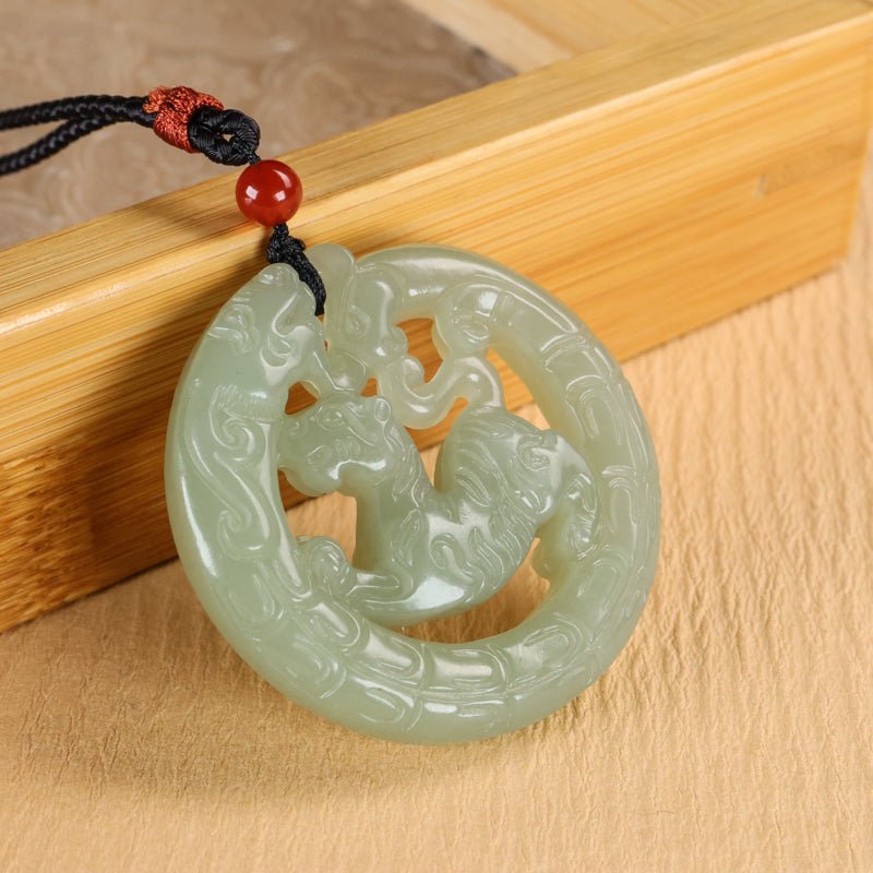 A0110 Openwork Chinese Green Hetian Jade Carved Tiger & Dragon Phoenix Pendant