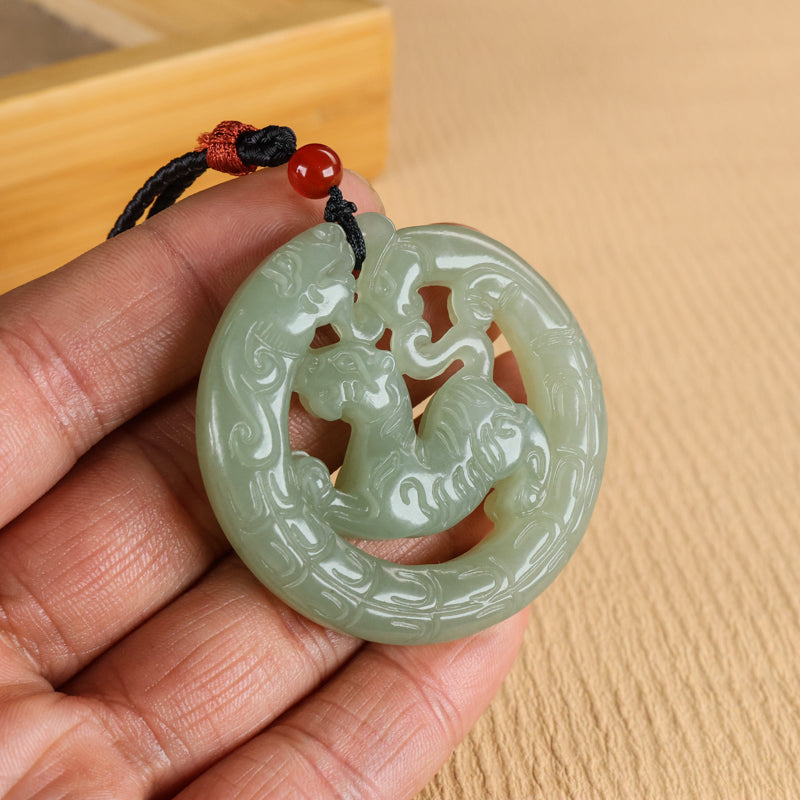 A0110 Openwork Chinese Green Hetian Jade Carved Tiger & Dragon Phoenix Pendant