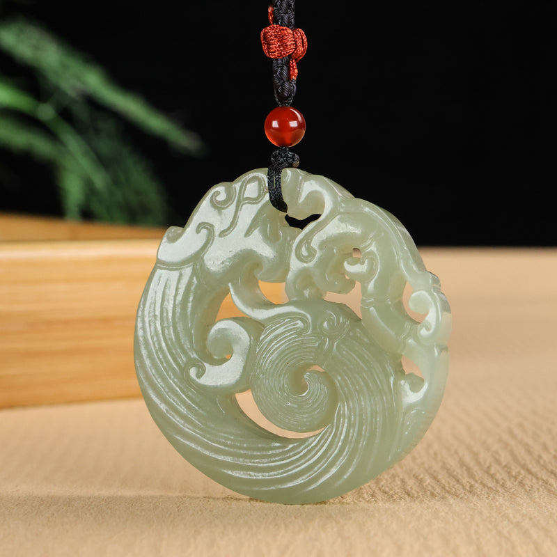 A0111 Chinese Natural Green Hetian Jade Carved Double Dragon Pendant