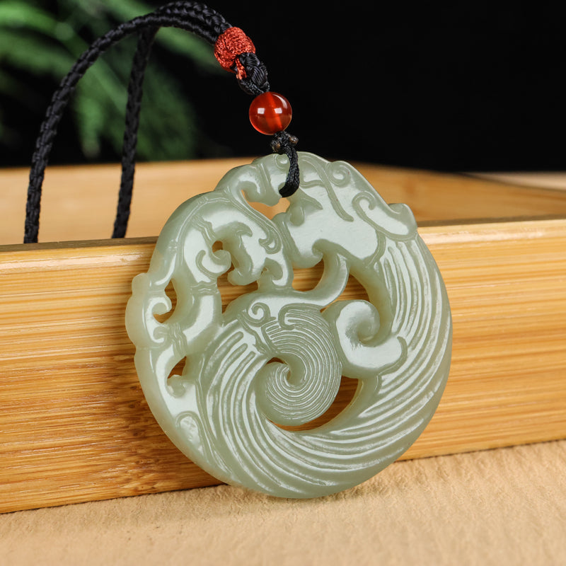 A0111 Chinese Natural Green Hetian Jade Carved Double Dragon Pendant