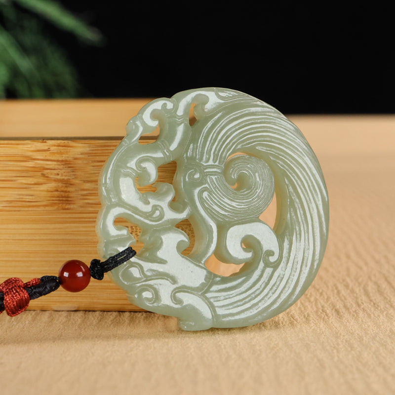 A0111 Chinese Natural Green Hetian Jade Carved Double Dragon Pendant