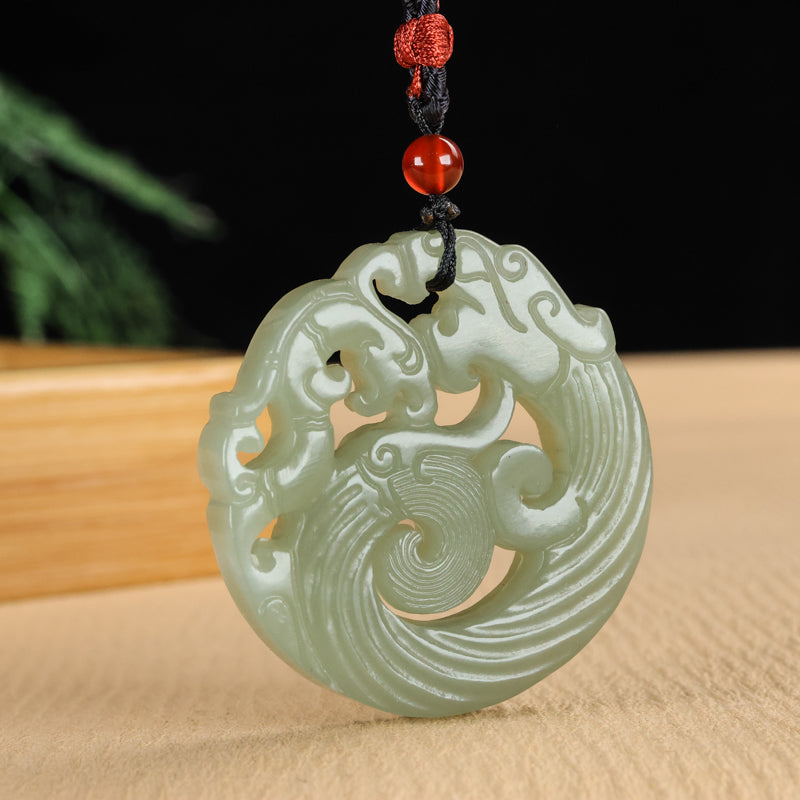 A0111 Chinese Natural Green Hetian Jade Carved Double Dragon Pendant