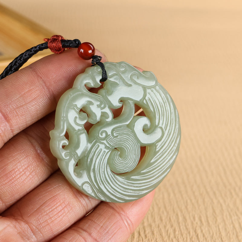 A0111 Chinese Natural Green Hetian Jade Carved Double Dragon Pendant