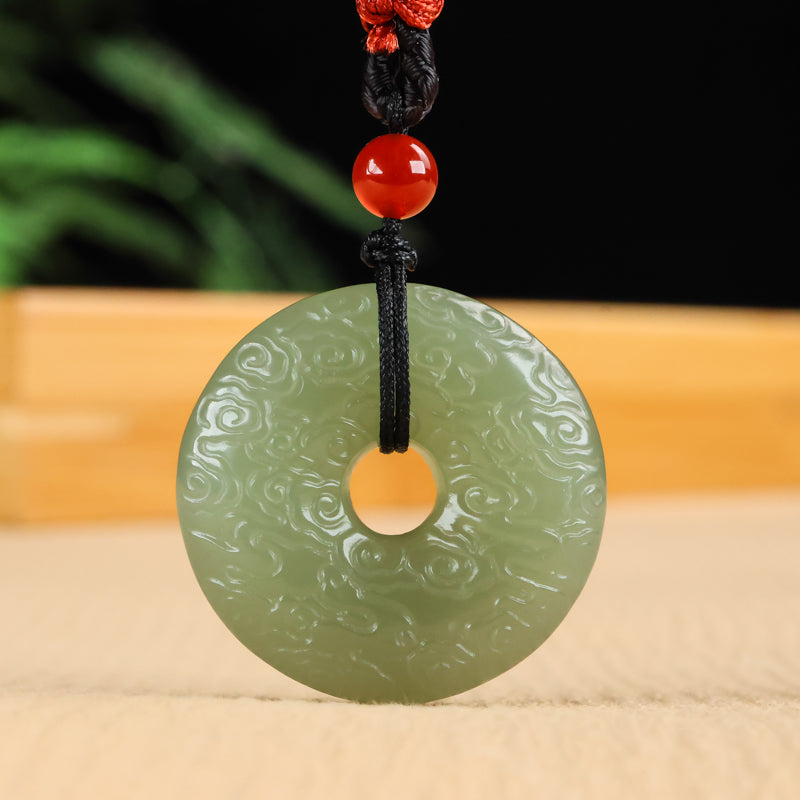 A0112 Chinese Natural Green Hetian Jade Carved Cloud Design Pendant