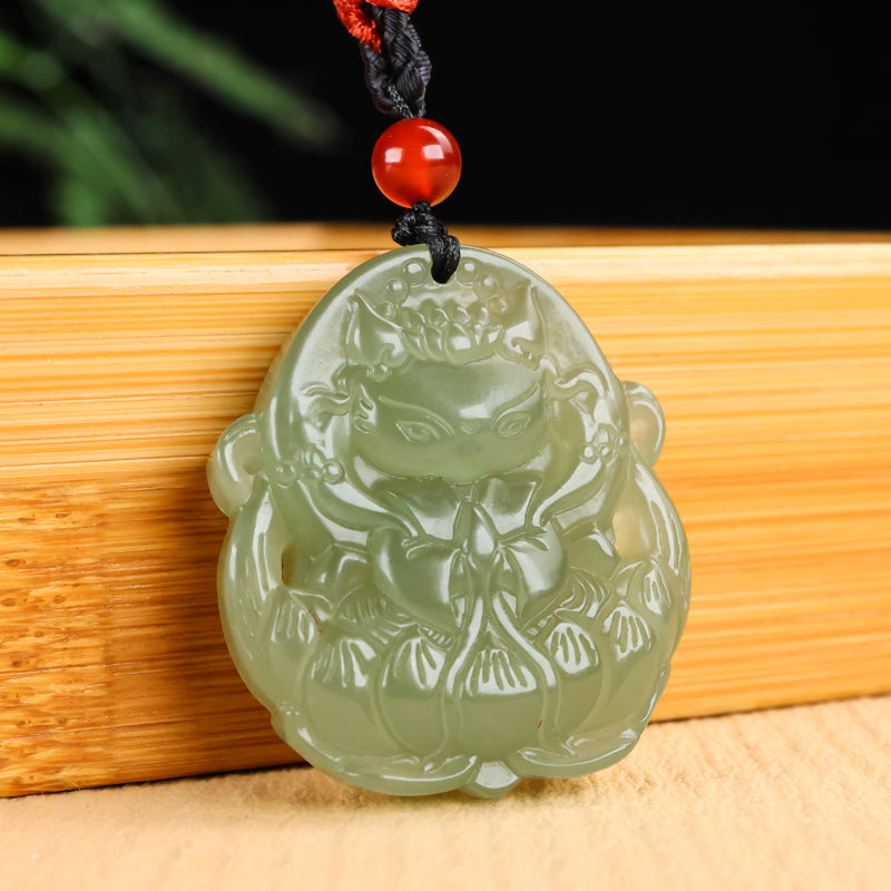 A0115 Chinese Natural Green Hetian Jade Carved Nine-tailed Fox Pendant