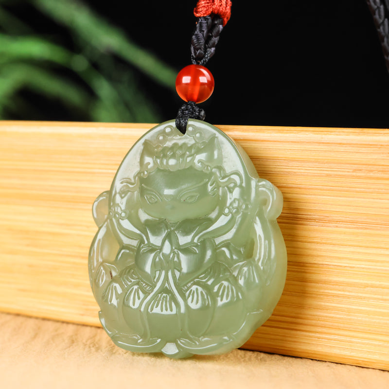 A0115 Chinese Natural Green Hetian Jade Carved Nine-tailed Fox Pendant