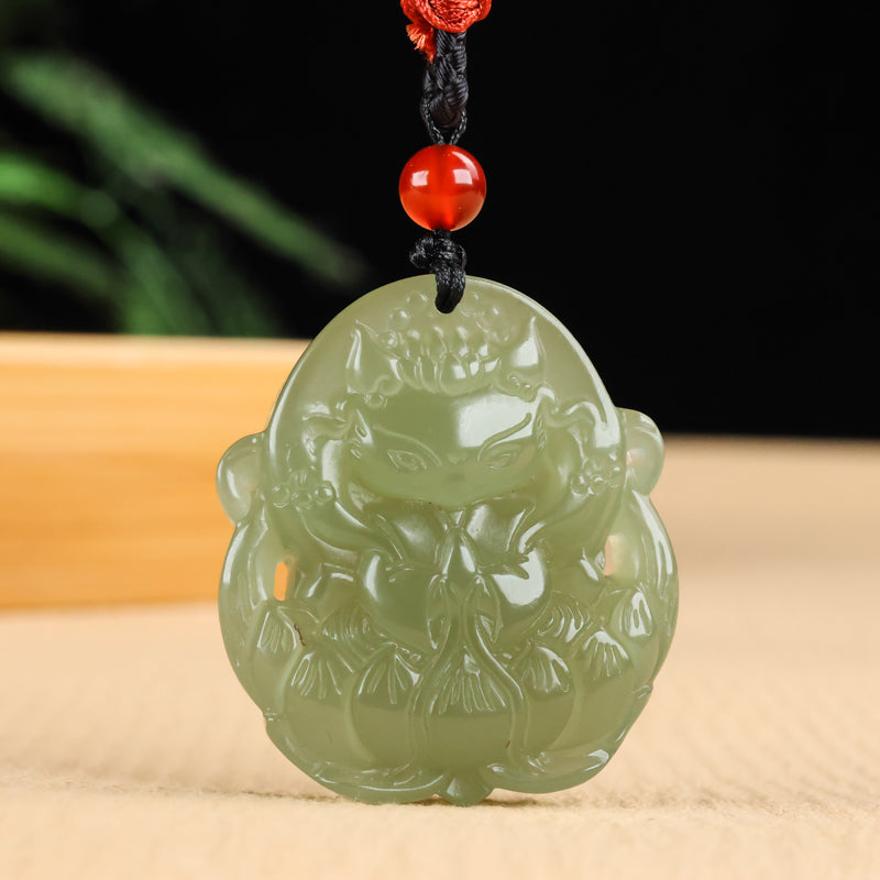 A0115 Chinese Natural Green Hetian Jade Carved Nine-tailed Fox Pendant