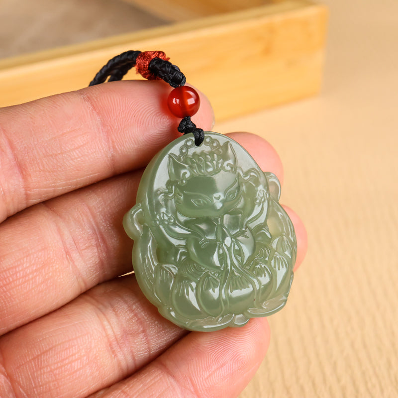 A0115 Chinese Natural Green Hetian Jade Carved Nine-tailed Fox Pendant