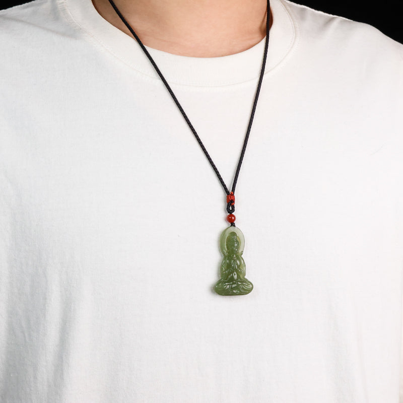 A0116 Chinese Natural Green Hetian Jade Carved Kwan-yin Pendant