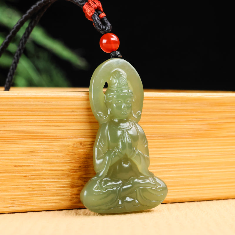 A0116 Chinese Natural Green Hetian Jade Carved Kwan-yin Pendant