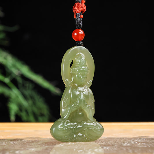 A0116 Chinese Natural Green Hetian Jade Carved Kwan-yin Pendant