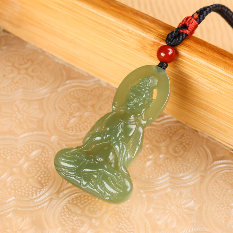 A0116 Chinese Natural Green Hetian Jade Carved Kwan-yin Pendant