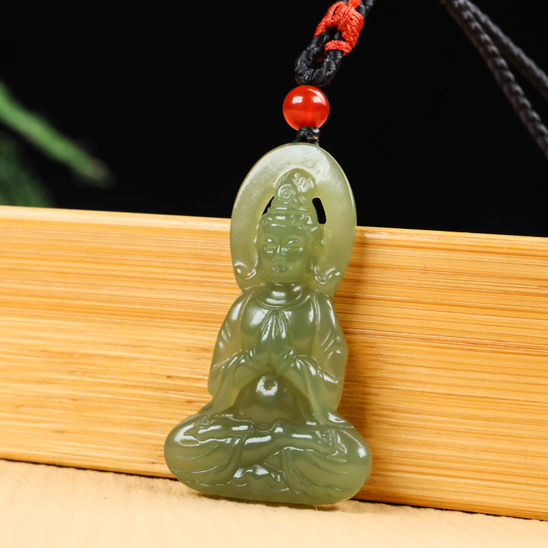 A0116 Chinese Natural Green Hetian Jade Carved Kwan-yin Pendant