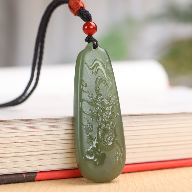 A0118 Chinese Natural Green Hetian Jade Carved Fortune Dragon Pendant