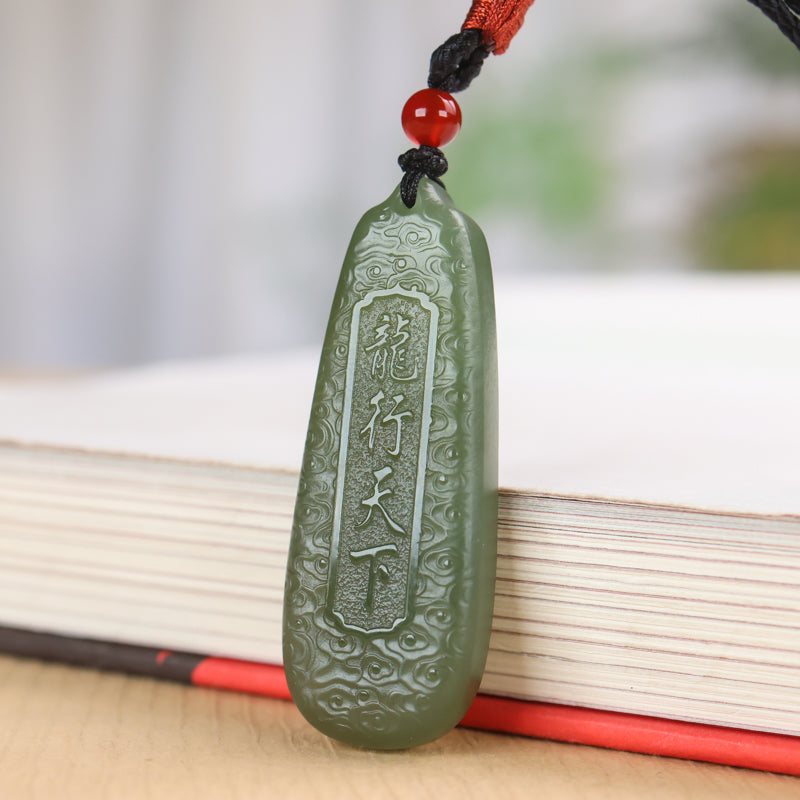 A0118 Chinese Natural Green Hetian Jade Carved Fortune Dragon Pendant