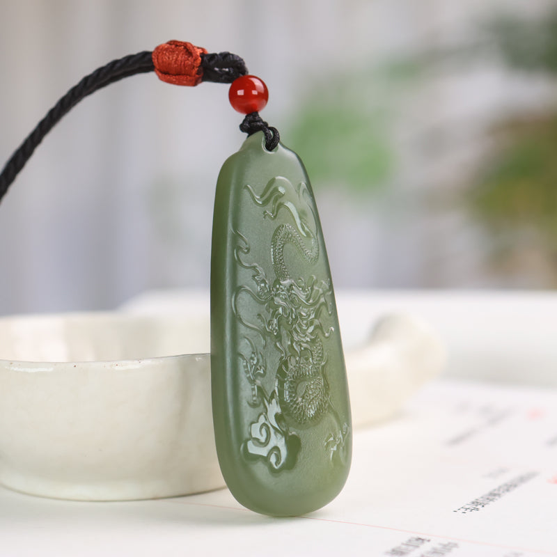 A0118 Chinese Natural Green Hetian Jade Carved Fortune Dragon Pendant