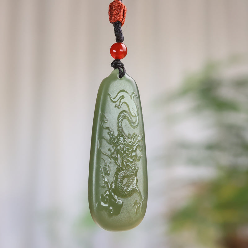 A0118 Chinese Natural Green Hetian Jade Carved Fortune Dragon Pendant