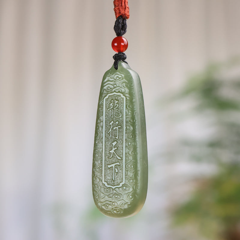 A0118 Chinese Natural Green Hetian Jade Carved Fortune Dragon Pendant