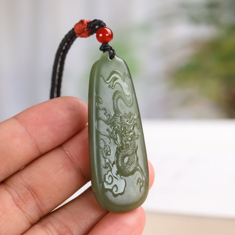 A0118 Chinese Natural Green Hetian Jade Carved Fortune Dragon Pendant