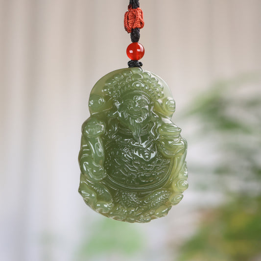 A0119 Chinese Natural Green Hetian Jade Carved Fortune Taoism Deity Pendant