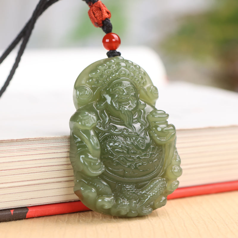 A0119 Chinese Natural Green Hetian Jade Carved Fortune Taoism Deity Pendant