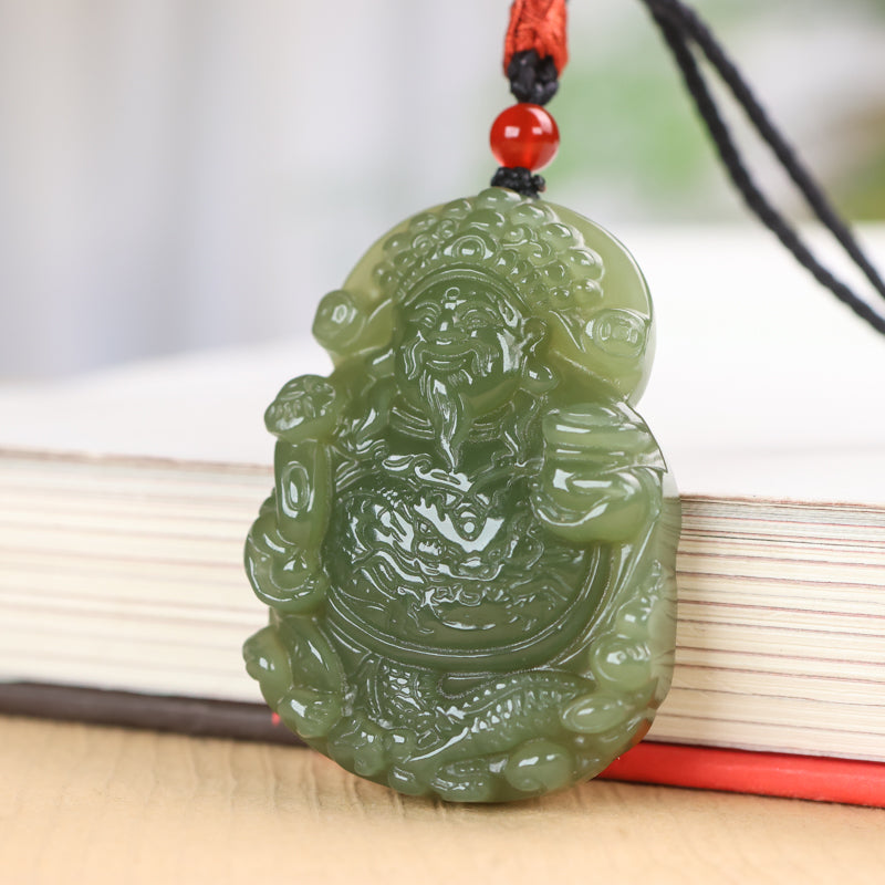 A0119 Chinese Natural Green Hetian Jade Carved Fortune Taoism Deity Pendant