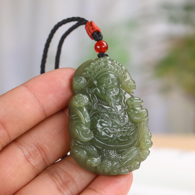 A0119 Chinese Natural Green Hetian Jade Carved Fortune Taoism Deity Pendant