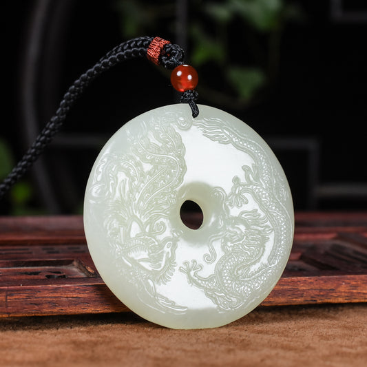 A0125 Chinese Natural White Hetian Jade Dragon Phoenix Pendant