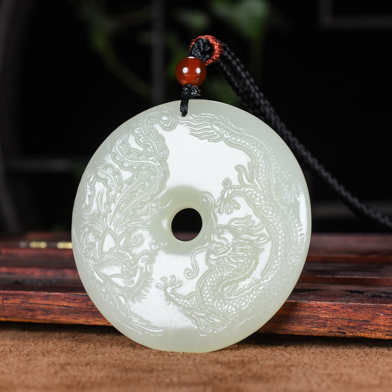 A0125 Chinese Natural White Hetian Jade Dragon Phoenix Pendant