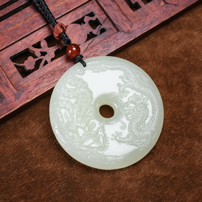 A0125 Chinese Natural White Hetian Jade Dragon Phoenix Pendant