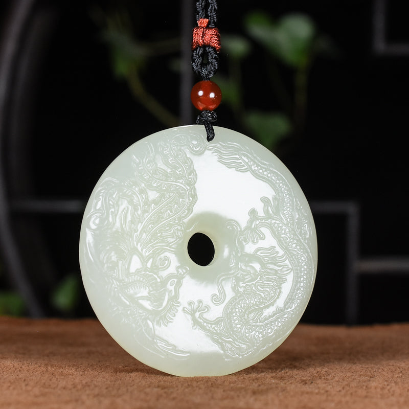 A0125 Chinese Natural White Hetian Jade Dragon Phoenix Pendant